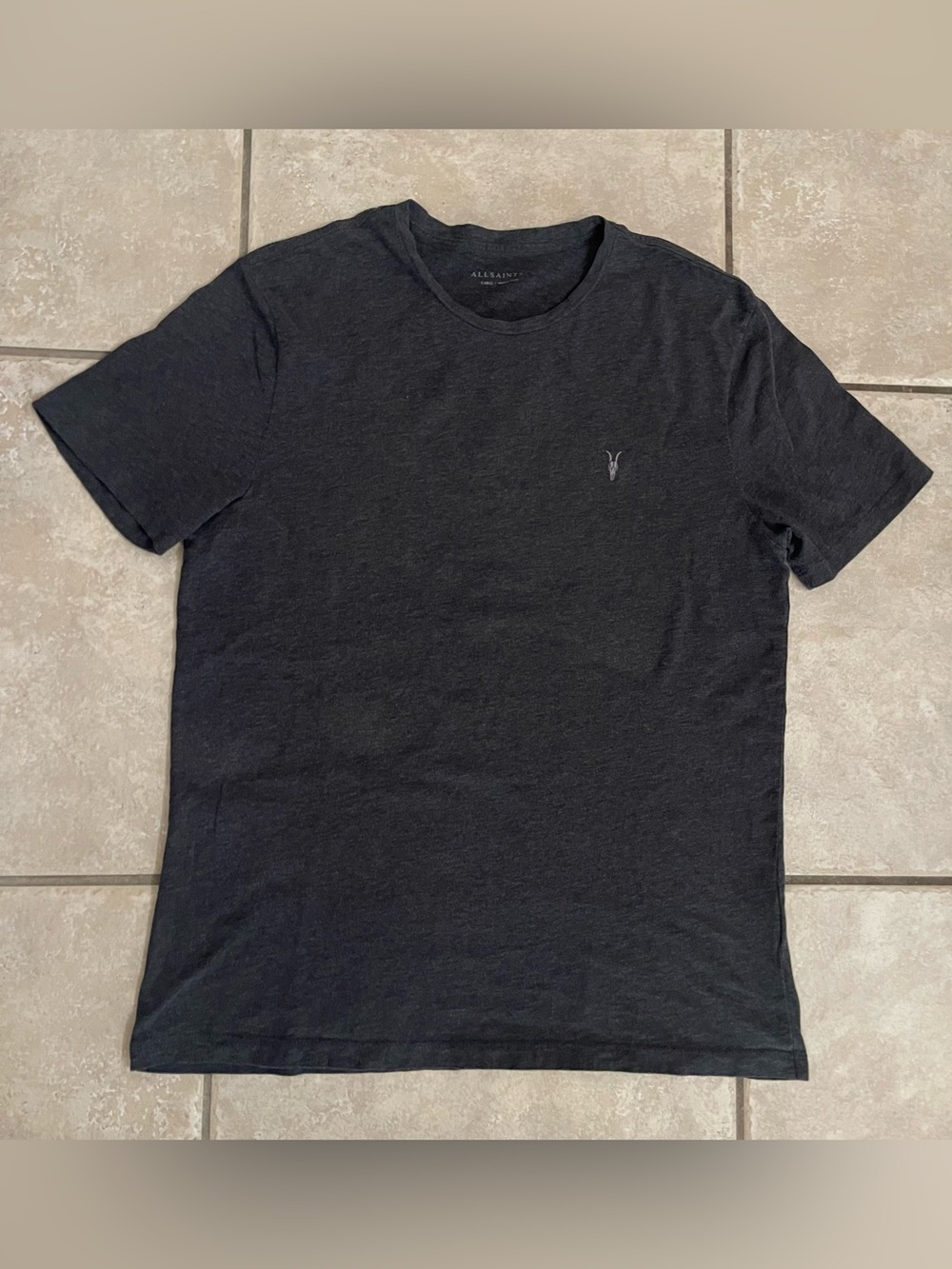 AllSaints Men's Charcoal Crew Neck T-Shirt w/Ramskull Embroidered Logo, Size L